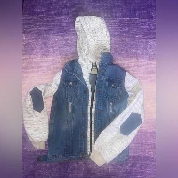 Kids/Youth Mixed Media Hooded Jean Jacket, Denim Size M - Picture 3 of 14